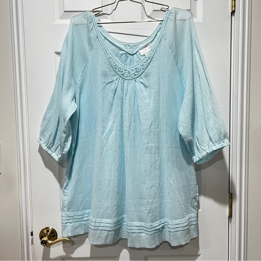 Soft Surroundings Cotton Gauze Tunic Top Blouse Size 1X (W18-20) baby Blue Lined